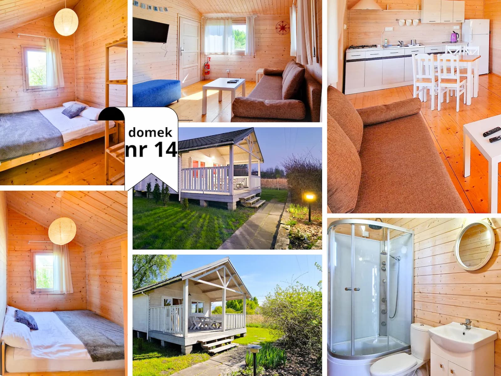 Wnętrze Rezydencji Letniej – łazienka, kuchnia, salon, sypialnia i taras w domku 6-osobowym Morska Polana Mielno
